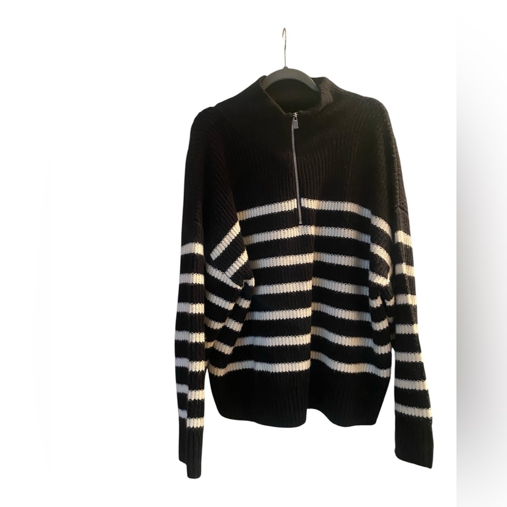 Reitmans Black and White Striped Half-Zip Sweater